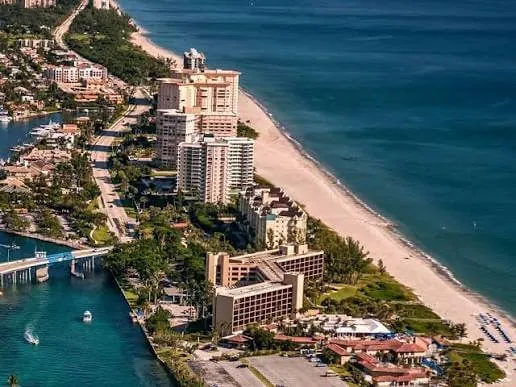 Beachfront towers and the inlet, seen from the air