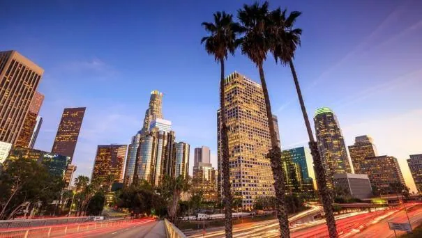 Palm trees and downtown Los Angeles at dusk