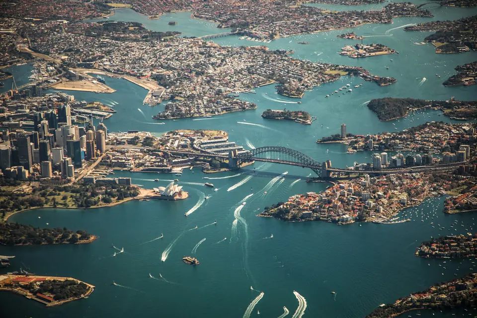 Sydney Harbour, the Opera House and the Harbour Bridge from the air